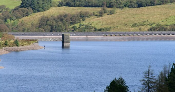 Long shot of the dam at Cray Reservoir in the Brecon Beacons