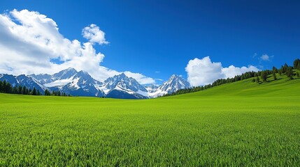 Beautiful landscape shows green field mountains and blue sky