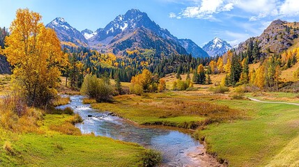 Autumnal Mountain Valley Stream Landscape