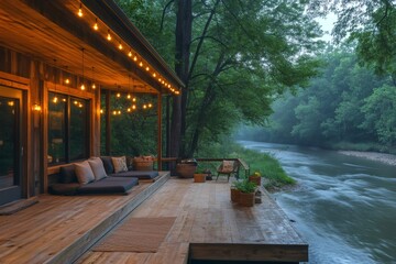 Fototapeta premium Cozy cabin porch overlooking flowing river at dusk with string lights illuminating wooden deck