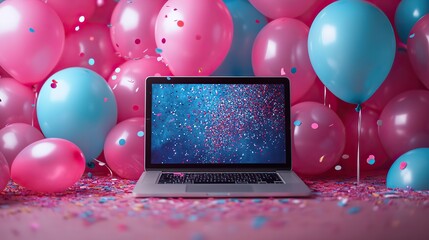 festive laptop surrounded by colorful balloons,confettimperfect for celebrating special occasions with copy space