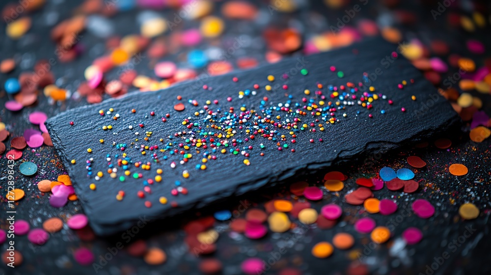 Poster festive slate board surrounded by colorful confetti on a black background with ample space for text 