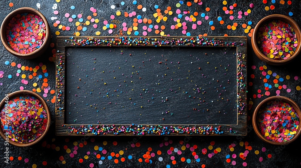 Poster festive slate board surrounded by colorful confetti on a black background with ample space for text 