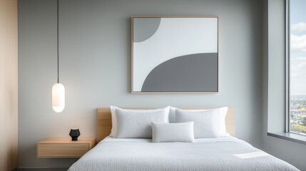 A serene bedroom with a platform bed dressed in luxurious linens, bedside tables with minimalist lamps, and abstract artwork adorning the walls.