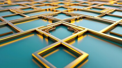 Geometric pattern features golden frames on a turquoise background