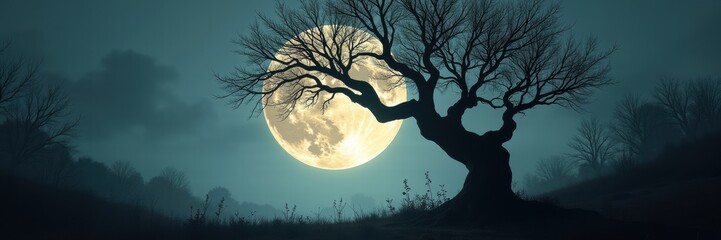 A hauntingly beautiful silhouette of a gnarled tree against a luminous full moon, creating a serene yet eerie atmosphere ideal for storytelling and nature themes.