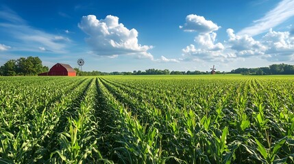 Expansive Midwestern Cornfield with Classic Red Barn and Windmill