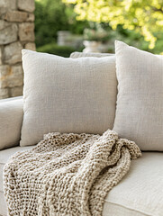 Cozy linen sofa terrace seating neutral toned cushions soft knit throw modern outdoor lounge natural textures elegant minimalist design warm inviting relaxation space contemporary home aesthetic