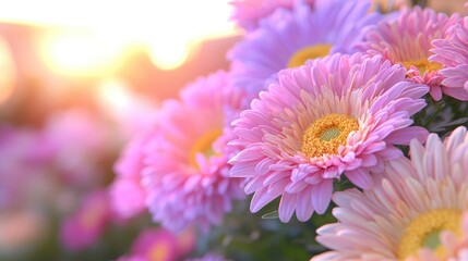 Obraz premium Soft Pink Flowers in Sunlight; Floral Bouquet; Outdoor; Background Blur; Beautiful Blossoms; Perfect for Greeting Cards, Invitations, or Wallpapers