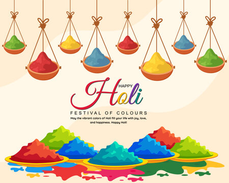 hanging pot filled with holi color gulal colorful festival of holi celebration vector design