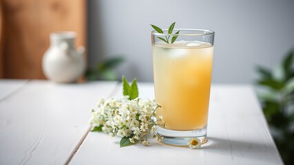 Fototapeta premium Elderflower Refreshment Juice - Organic, Healthy Drink on White Wood