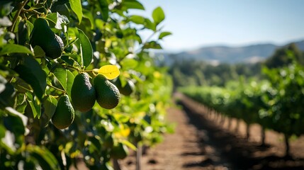 Thriving Avocado Orchard in Coastal California with Farmer Inspecting Freshly Picked Fruit