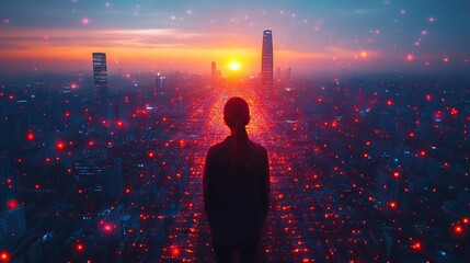 fiber optic light strands connecting high rise buildings illustrating modern digital communication,fast data transfer in an urban cityscape