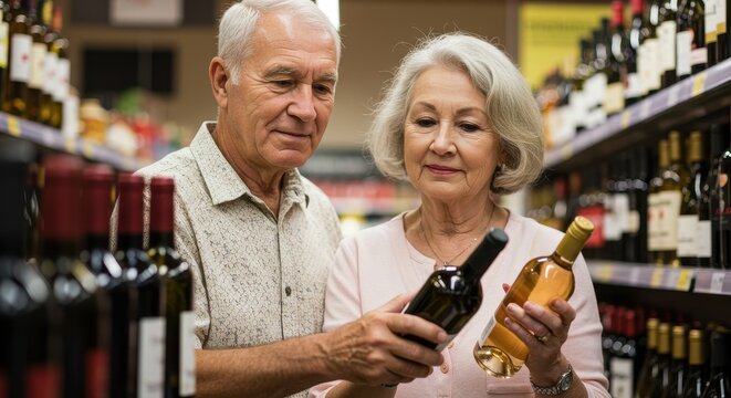 Senior Couple Selecting Wine at Grocery Store