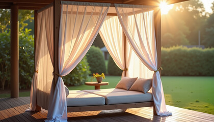 Outdoor daybed with white canopy in a lush garden