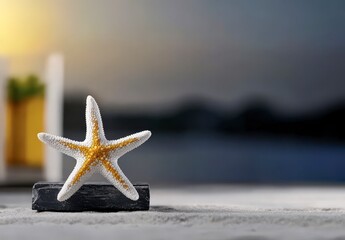 White starfish with orange details on a rocky surface, natural coast background with soft bokeh effect