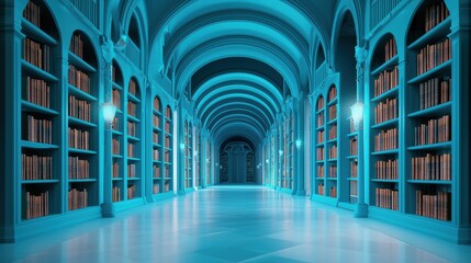 Fototapeta premium The interior of a grand library, with towering bookshelves, ornate ceilings, and warm, inviting light illuminating the countless volumes of knowledge.