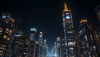 Obraz premium Futuristic City Skyline at Night – High-Rise Buildings with Geometric Lighting