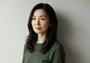 Fototapeta premium Asian Woman Portrait with Soft Lighting and Elegant Green Dress