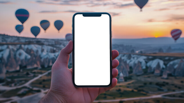 Balloon launch in Cappadocia, Turkey. Phone mockup. Close-up of a man holding a cell phone with a white blank screen against the backdrop of the amazing landscape of Turkey. Travel