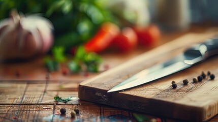 Sharp kitchen knife on wooden cutting board with vegetables, symbolizing danger and tension in culinary or suspenseful context. Focus on precision and risk in food preparation or dramatic scenarios.