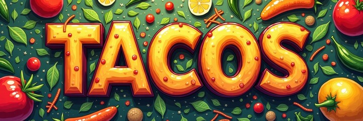 Obraz premium Vibrant artwork featuring the word TACOS surrounded by fresh ingredients, perfect for food branding, restaurant menus, or culinary promotions.