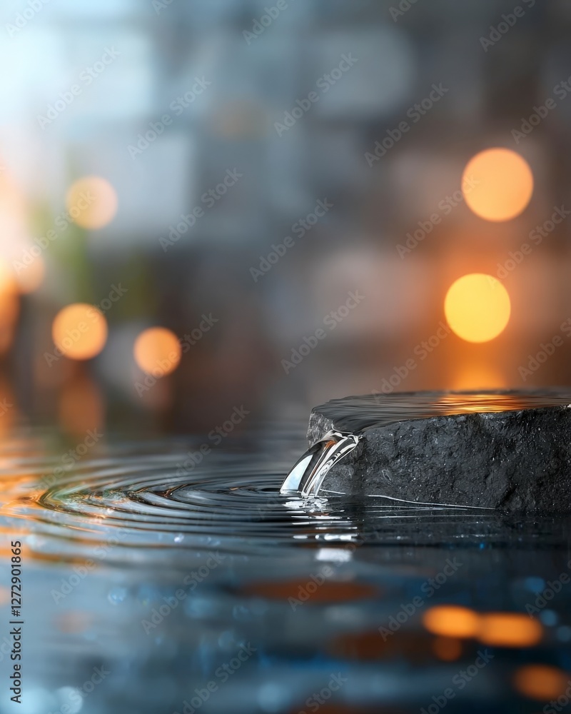 Poster calm water flowing over smooth stone surface in tranquil environment with gentle bokeh lights in bac
