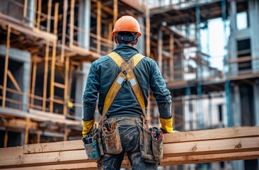 Construction worker wearing safety gear and tool belt carrying wooden planks at an active building site, symbolizing hard work, industrial growth, and urban development