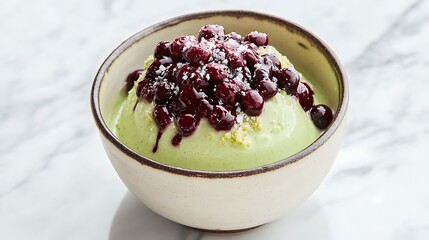 Elegant shot of matcha bingsu in a ceramic bowl