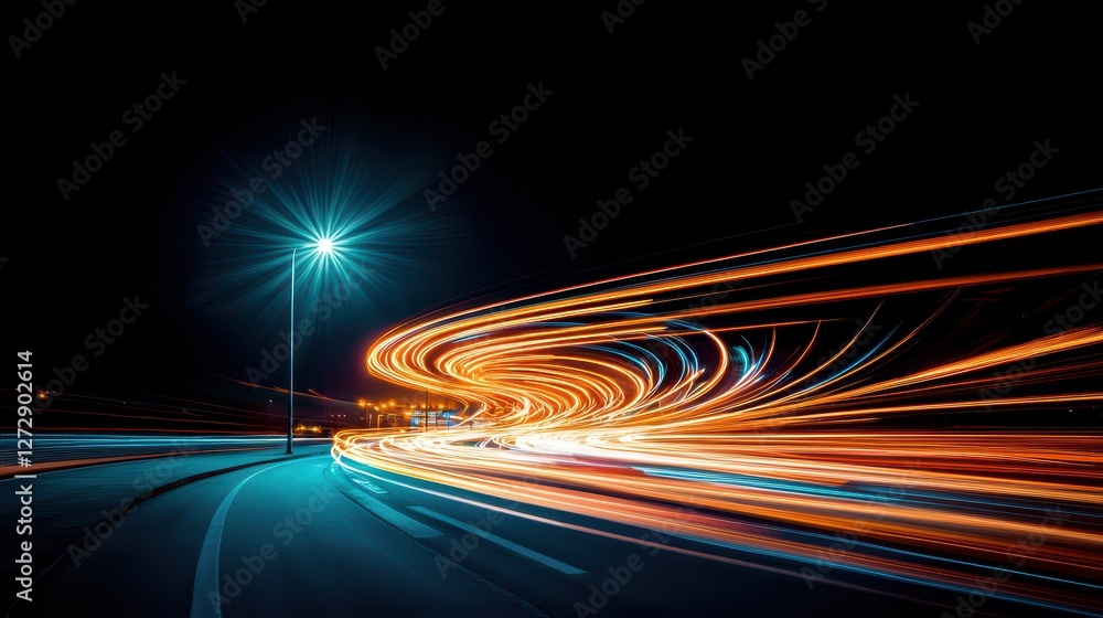 Poster a long exposure capturing the light trails of cars speeding through a highway intersection at night,