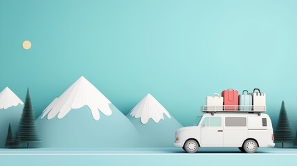 A family minivan packed for a road trip, roof box overflowing with luggage, driving down a highway with a backdrop of snow capped mountains.