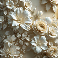 A beautiful fantasy vintage flower wallpaper featuring intricate 3D-modeled flowers and leaves in a white color variation.