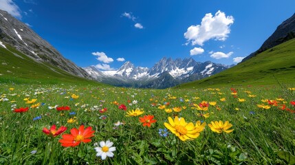 Obraz premium Vibrant meadow flowers bloom beneath snow capped mountains and blue sky
