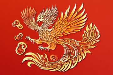 Fototapeta premium vibrant phoenix illustration with intricate details and warm colors, symbolizing rebirth and strength, set against bold red background
