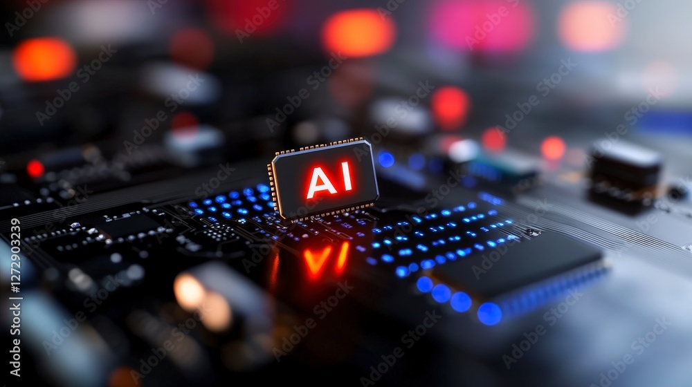 Poster microchip with ai sign illuminate on circuit board with multicolored background for technology and i