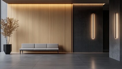 Modern lobby with light-wood paneling, gray couch, and dark concrete accents