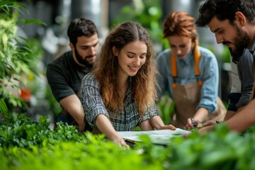 Group of nursery workers checking plants with a catalog in a greenhouse