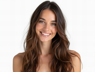 Naklejka premium Smiling young woman with long wavy brown hair, natural beauty portrait on white background