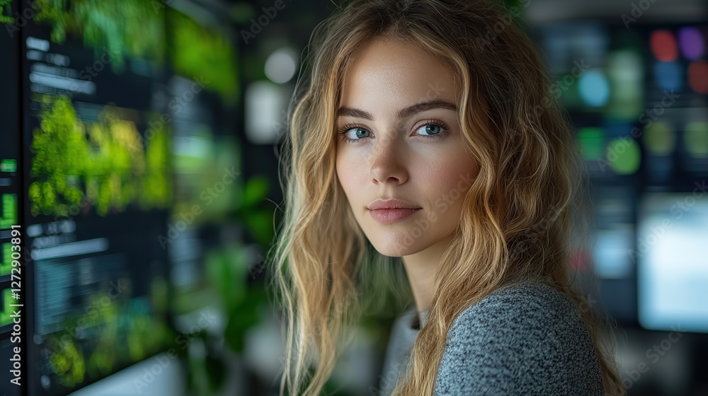Poster focused female developer engaged in software programming on desktop in modern office setting