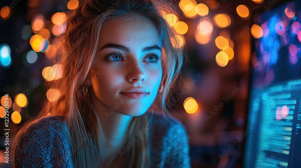 Poster focused female developer engaged in software programming on desktop in modern office setting