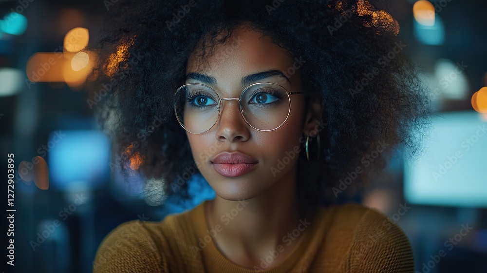 Poster focused female developer engaged in software programming on desktop in modern office setting