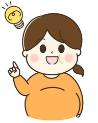 電球とひらめく太った女性の上半身のゆるかわイラスト　左