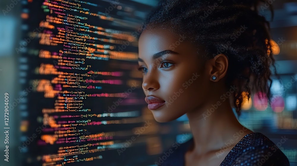 Poster focused female developer programs in html on laptop a detailed view of web development,coding proces