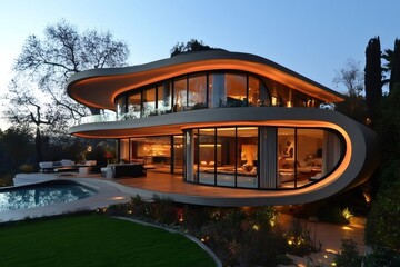 Fototapeta premium Futuristic spaceship-like house illuminating the twilight with orange neon lights