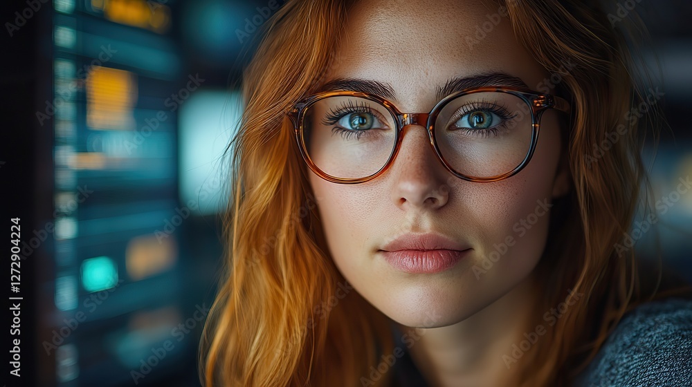 Poster focused female software engineer analyzes data server,blockchain network in state of the art monitor