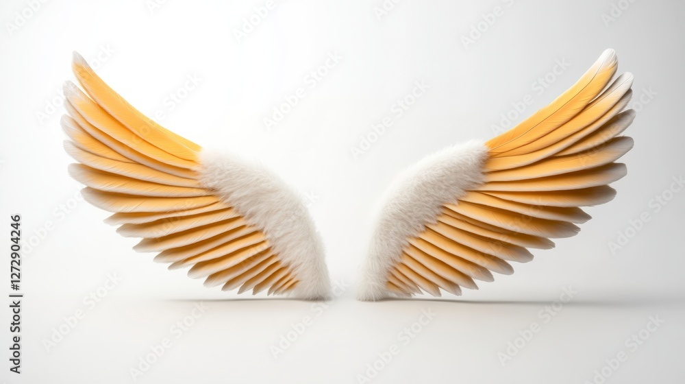 Poster artistic representation of angel wings crafted from fan-like structures and soft textures in a minim