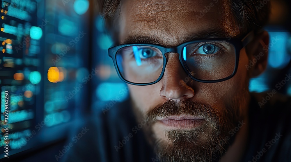 Poster focused male software engineer analyzes data server,blockchain network in state of the art monitorin