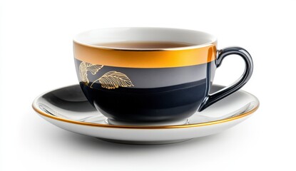 Obraz premium Elegant porcelain cup with a dark blue design and golden accents on a white saucer showcasing tea beverage art