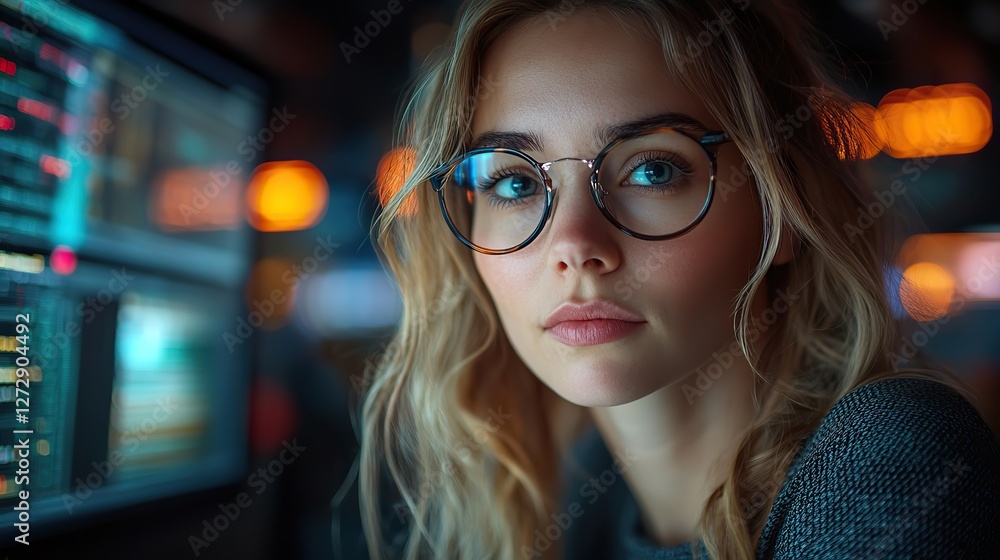 Poster focused programmer developing innovative software diligent businesswoman engaged in corporate strate