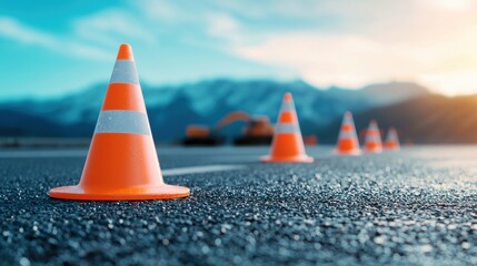 A line of orange cones diverting traffic around a highway construction zone, with workers and equipment visible in the background.